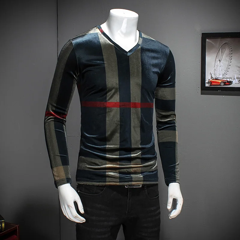 Мужская приталенная бархатная футболка в полоску с V образным вырезом|shirt men