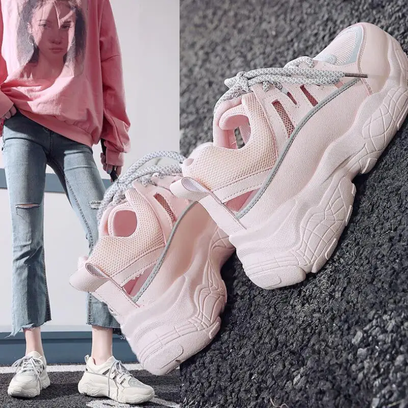 Ажурная женская обувь Sneakerss новинка 2019 года летняя в Корейском стиле на толстой