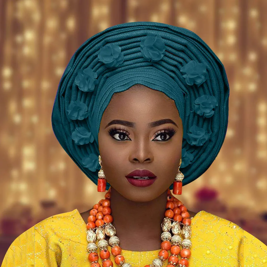 Африканский aso oke Авто геле для женщин с цветком нигерийский aso ebi головной убор для свадьбы - Цвет: turquoise