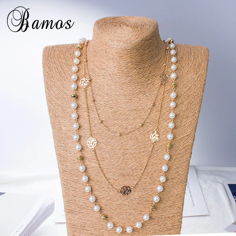 Ожерелье женское многослойное из белой жемчужной розы SMT1338|sweater necklace|fashion