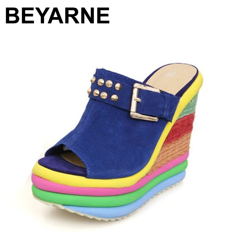 

BEYARNE Sandalias Plataforma Summer Shoes Woman Bohemia Rainbow High Heel Slip On Peep Toe Platform Wedges Sandals Womens