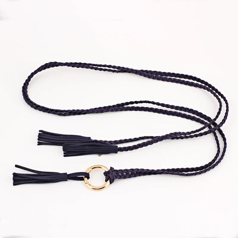 dark blue Женская золотая металлическая круглая пряжка вязаная кисточка плетеный пояс Пояс cкручивание плетение волос Twist weaving узел веревка для платьев коричневый черный шнур - Цвет: dark blue