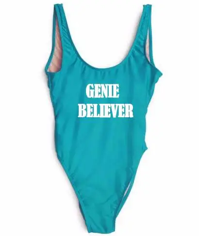 

Fashion Clothing Bodysuit Jumpsuit GENIE BELIEVER Letter Funny Swimwear Swimsuit Platsuit Beachwear High Cut Women Bathing suit