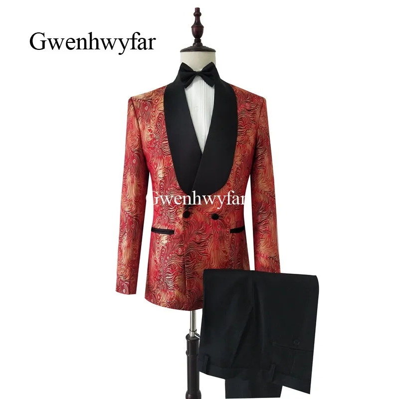 Фото Gwenhwyfar 2019 Новые двубортные мужские костюмы Роскошный Блейзер с узором в виде