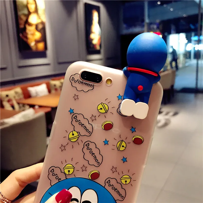 3D Doraemon case For iPhone 8 /8 Plus cute Tempered Glass for 7 plus /7 6 6s doll clear cover cartoon color film +rope |