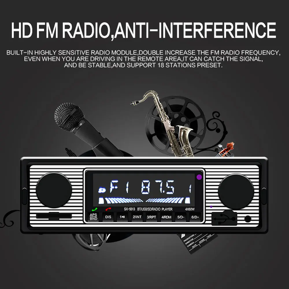 Автомагнитола Hikity, Bluetooth, 1 Din, автомагнитола, Bluetooth, Ретро стиль, авто стерео, MP3 плеер, стерео, USB, AUX, SD, классический автомобильный стерео аудио