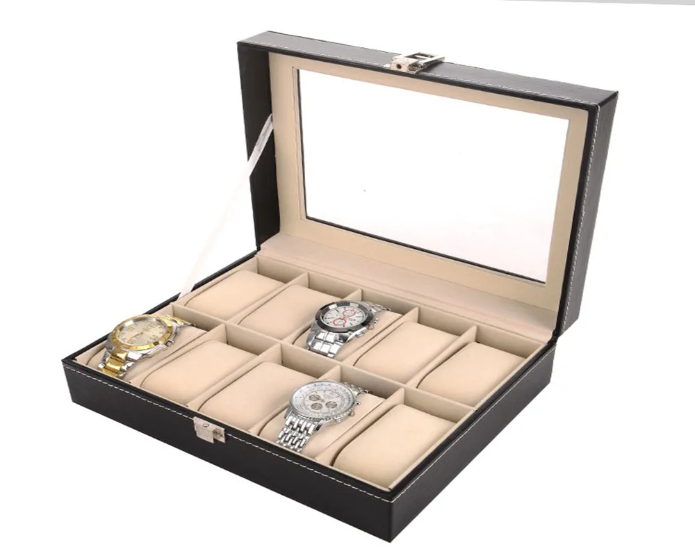 3/6/10/12 слотов Сетка Смотреть Box Дисплей коробка часы Jewelry черный Высокие ботинки из PU-кожи класса посеребренные кнопку часы поле - Цвет: Black-10