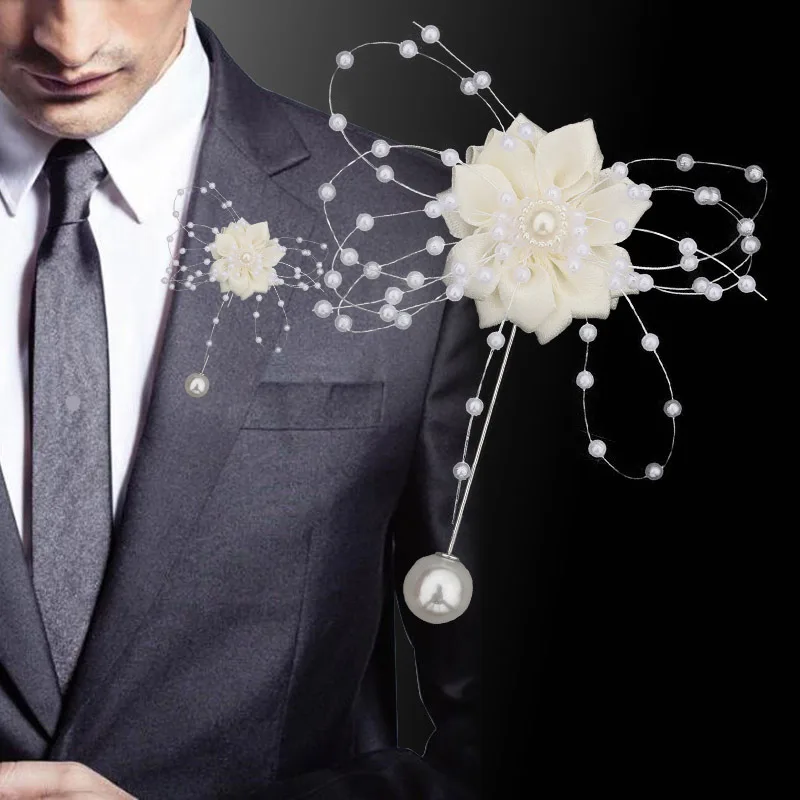 

New Ivory Pearls Beaded Satin Flowers Pin Bridal Corsages Pearl Beads Flowers for Wedding Groom Boutonniere XH0679-17