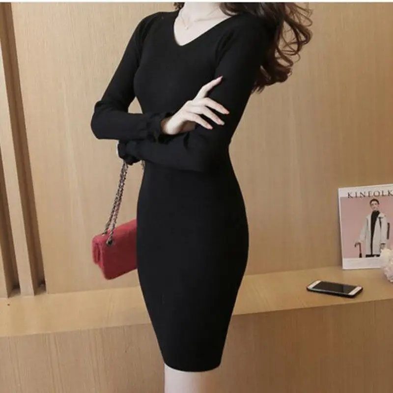 

Women Long Sweater Dress 2018 Autumn Winter V-neck Long Sleeve Knitted Casual Pullover Jumper Women's Slim Dresses