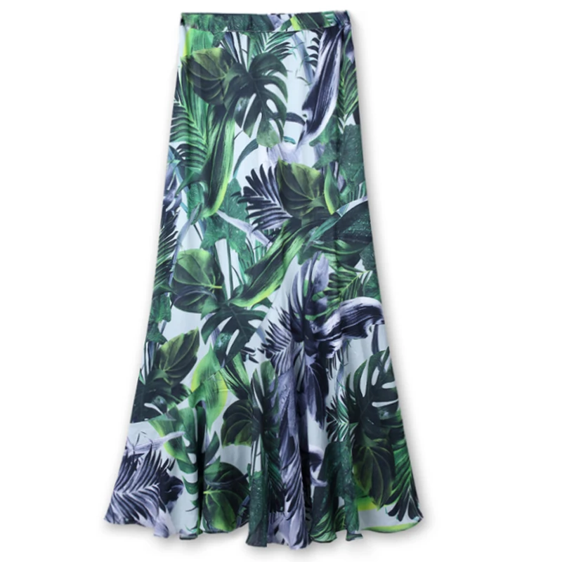 2018 Boho Leaf Print Chiffon Skirt for Women Summer Elastic Waist A-line Long Casual Clothing Vintage Big Hem Female | Женская одежда