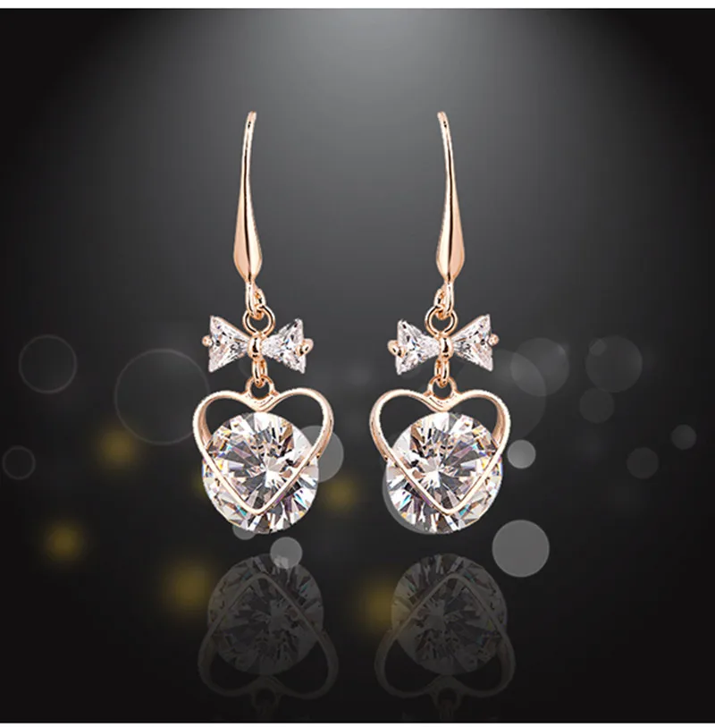 

MZC New Pendenties Trendy Bowknot Heart Earring Crystal Charming Earrings for women rose gold Long Rhinestone Drop Earings X1342