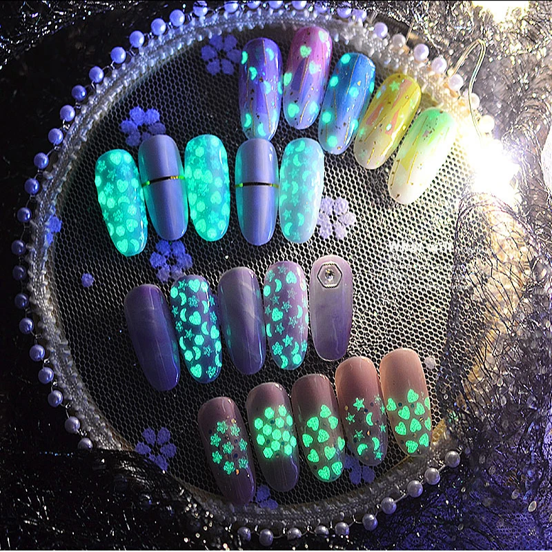 2 шт./компл. дизайн ногтей Блеск Luminated цветок Звезда Сердце и Луна 3D блесток свет