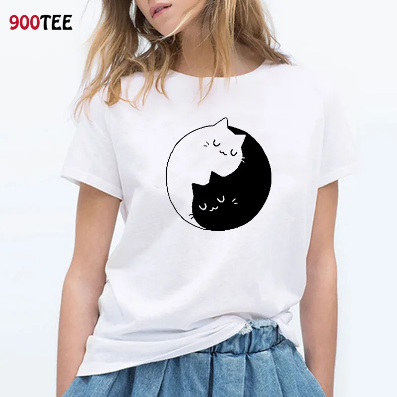 Yin and Yang Cat футболка из хлопка с коротким рукавом модные летние женские топы