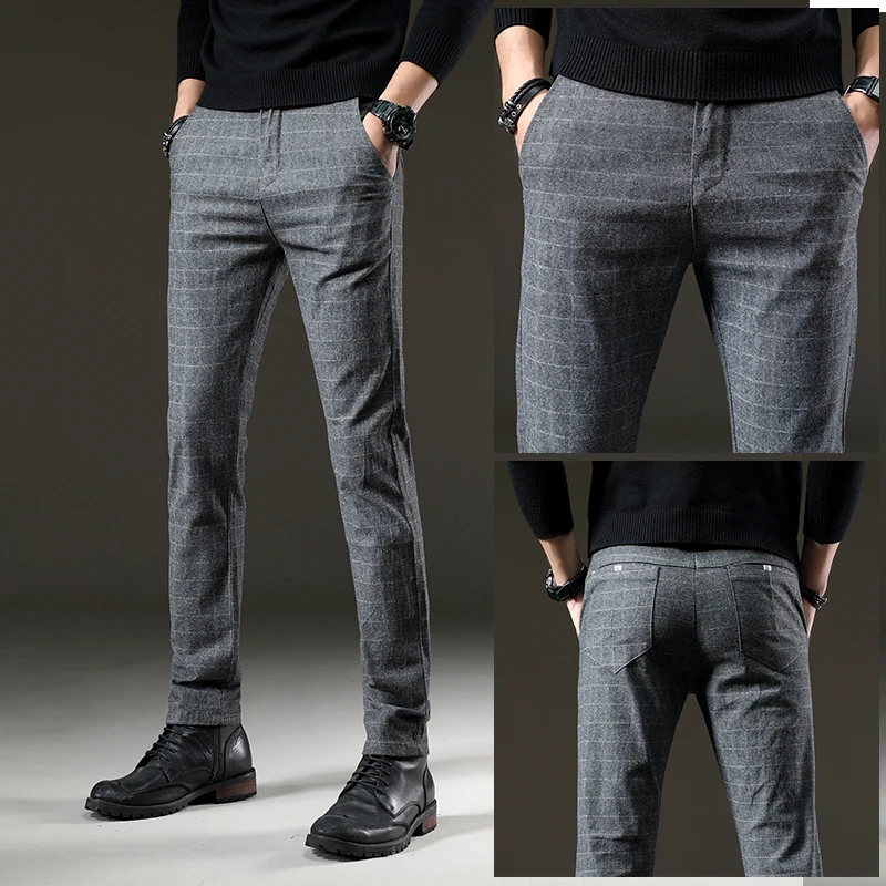 Брюки мужские повседневные рабочие хлопок формальные в клетку серые с начесом