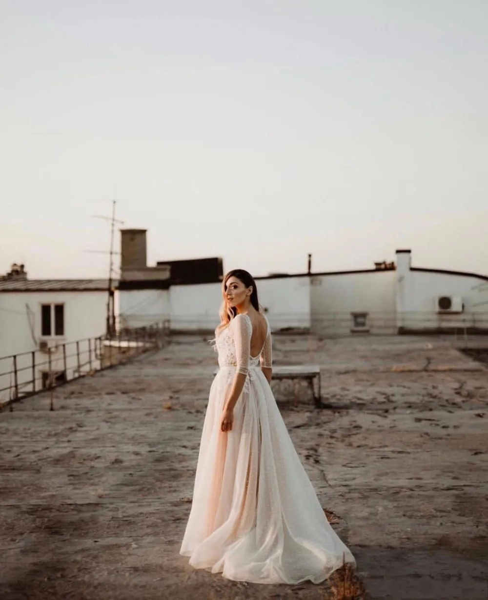 Vestido de Noiva/, винтажное кружевное свадебное платье трапециевидной формы цвета шампанского, эффектное с открытой спинкой и аппликацией, полурукав, бохо, свадебное платье
