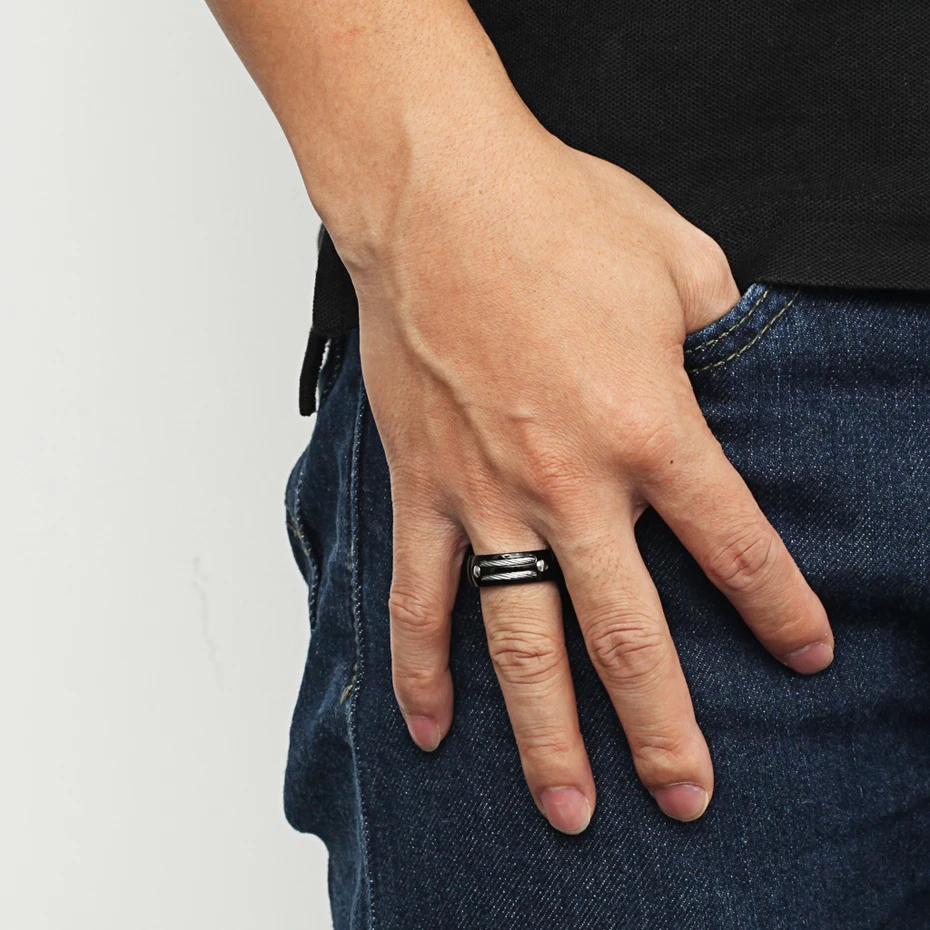 Мужское кольцо из нержавеющей стали RainSo магнитное гематита с проволокой и