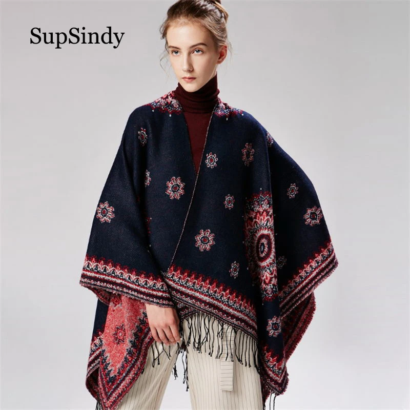 

SupSindy women's poncho Winter scarf tassels capes Flowers shawl wrap luxury pashmina warm scarves for women cloak vintage stole