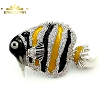 cute fashion pave cz and black yellow enamel angle fish brooches gold tone imitated pearl deco tropical fish pins lovely jewelry