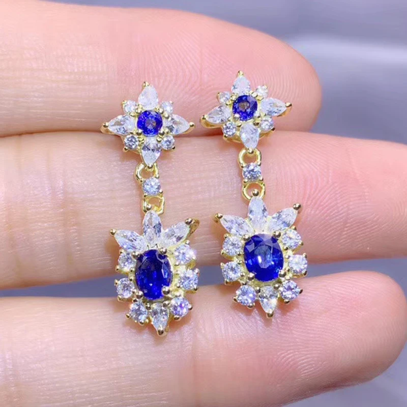Серьги-подвески из серебра 925 пробы с натуральным сапфиром 4 шт. | Украшения и