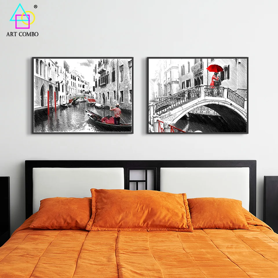 Modern Creative White&ampBlack With Color Venice Landscape Painting Wall Art Picture Home Decoration Posters Unique KT052 | Дом и сад