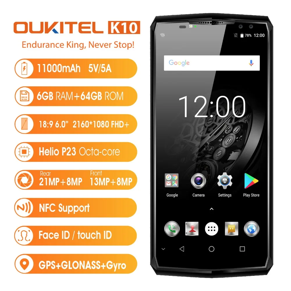 11000 мАч Смартфон Oukitel K10 MTK6763 Octa Core Android 7 0 четыре Камера 6 Оперативная память 64G