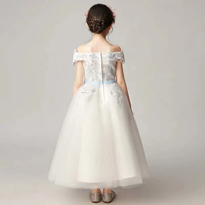 

2019 Summer Fashion Baby Girls Flowers White Wedding Evening Party Princess Dress Kids Teens Host Piano Costume Prom Mesh Dress