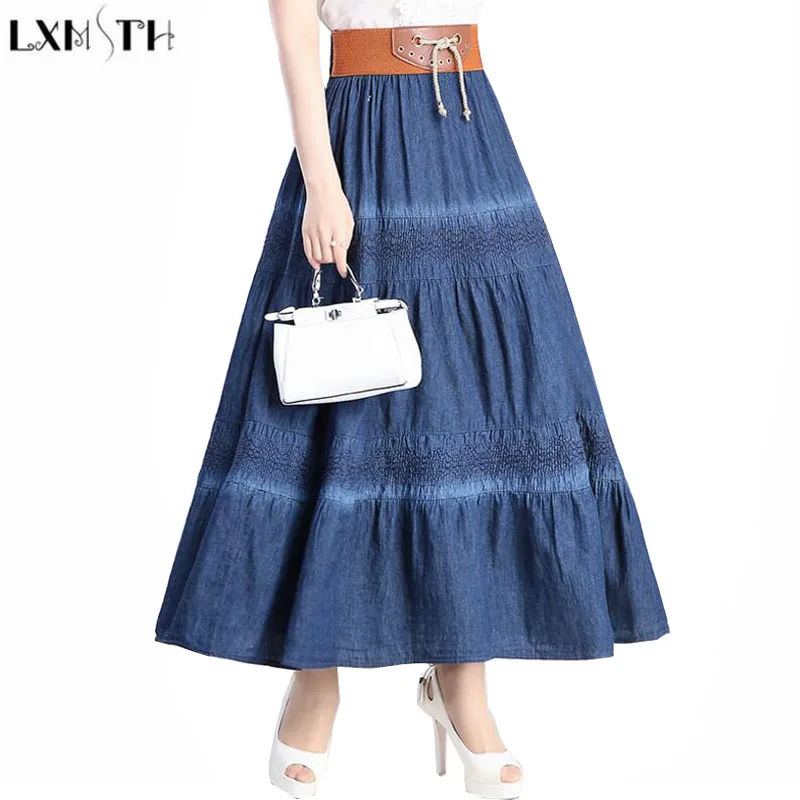 LXMSTH винтажная Длинная женская юбка в национальном стиле с высокой талией тонкая