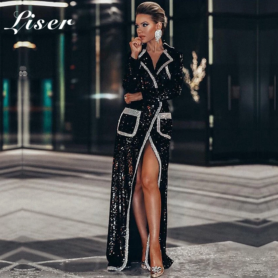Liser New Summer Women Coats V Neck Sequined Coats Sexy Bodycon Elegant Club Celebrity Party Black Coat Vestidos Wholesale