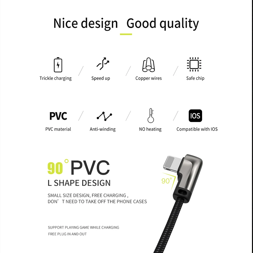 USB кабель для зарядного устройства WSKEN L образной формы iPhone XS Max XR 8 7 6S 5 Plus iPad