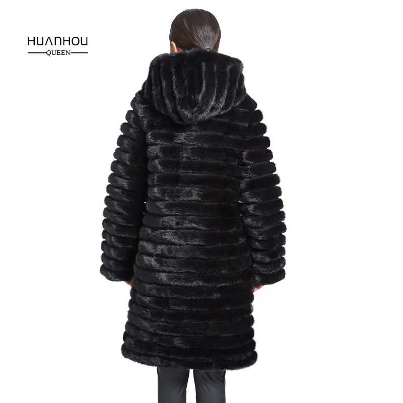 Королева huanhou натуральный мех норки пальто с мехом для женщина с меховым капюшоном, Кол-во доп Большие размеры зимние теплые пальто узкого кроя