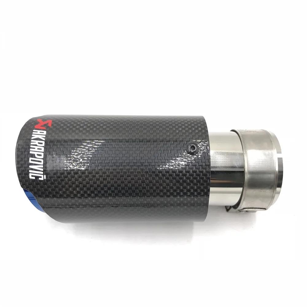 1 шт. вход 63 мм выход 76 мм Akrapovic автомобиль глянцевый углеродного волокна Выхлопной конец синий трубы из нержавеющей стали один глушитель советы