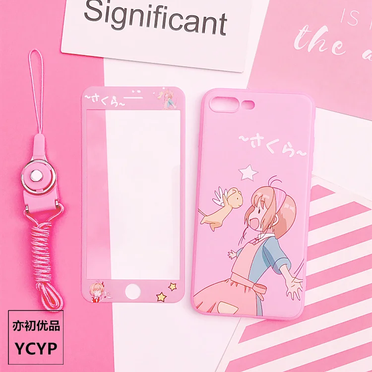 For iphone X Cartoon Sailor Moon Case +Tempered Glass Screen film for 8 8plus 6 6S plus 7 7plus Cardcaptor Sakura cover |