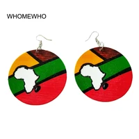 tribal wood africa map continent colorful painting geometric round vintage earring women wooden african bohemia afro ear jewelry
