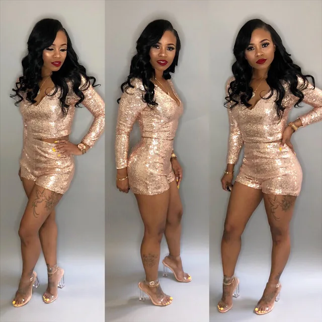 

New Design Sequin Women Club Suits Full Sleeve Top With Shorts Women Sequin Set