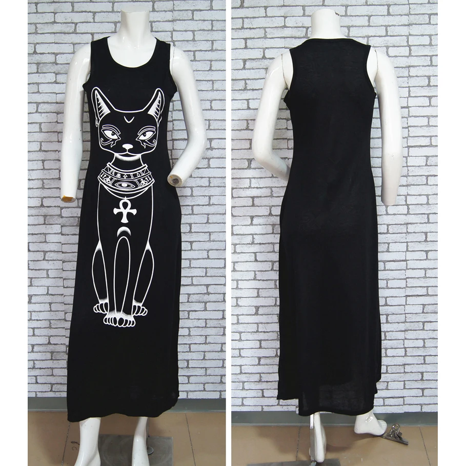 Rogi Summer Women Beach Dress Vintage Cat Print Bodycon Party Dresses Sexy Sleeveless Long Tank Boho Vestidos Largos Mujer | Женская