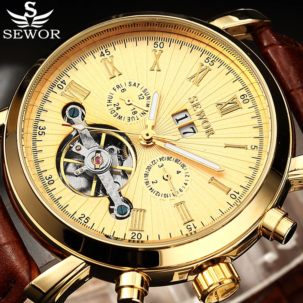 Автоматические механические часы SEWOR Tourbillion черные серебристые деловые