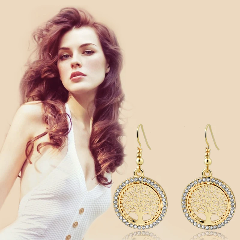 LongWay Gold Color Crystal Dangle Earring With Tree Of Life Pendant Vintage Women Jewelry Earrings Brinco Ser160008 | Украшения и