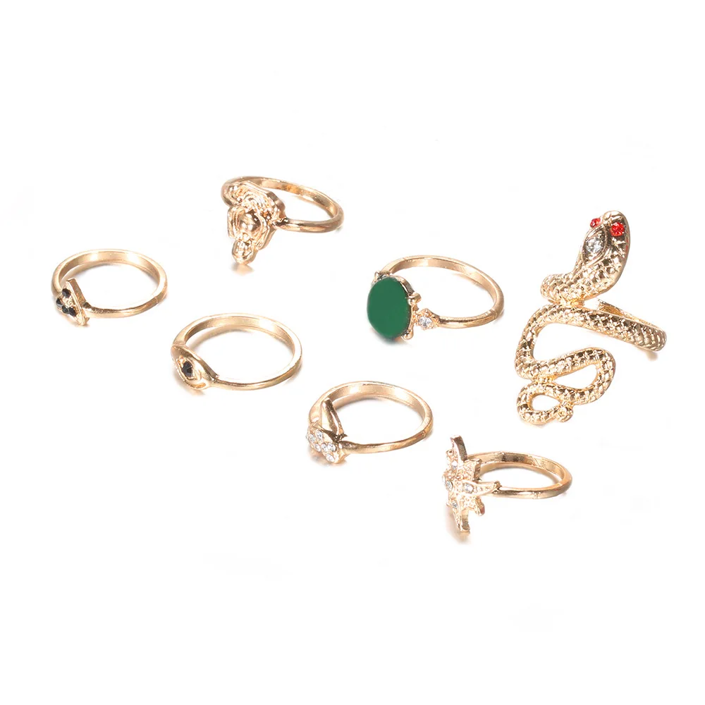7 шт./компл. Винтаж Будда рука цветок сердце змея золотистое кольцо с цирконием