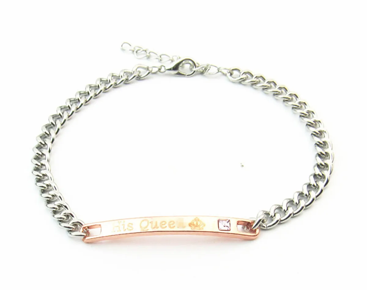 2pcs/set His Queen Her King Black Rose Gold Color Women's Male Chain Crystal Couple Bracelet for Men snap jewelry bracelet femme |
