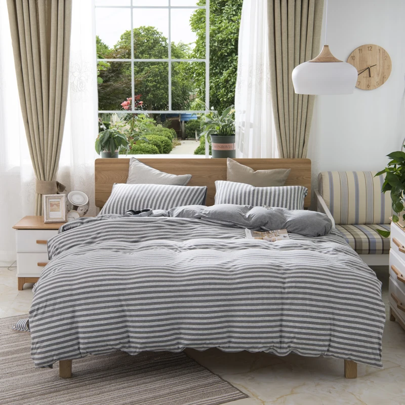 

100% Knitted Cotton Queen King Twin size Boys Duvet Cover Bedding set Blue Grey Stripes Ultra Soft Bed sheet set Pillow shams