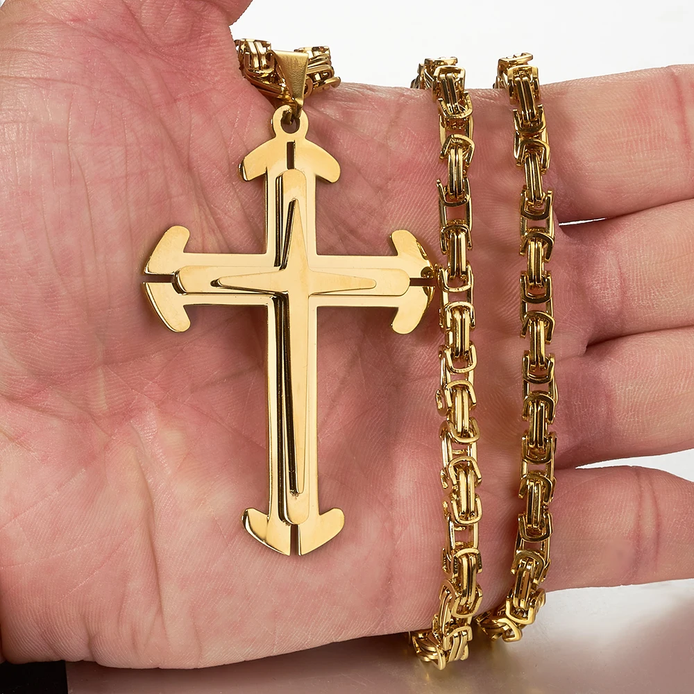 

Religious Punk 316L Stainless Steel Gold Tone Cross Crucifix Pendant Necklace With Byzantine Chain Men's Jewelry Christmas Gift