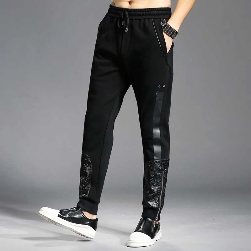 Осень лоскутное ПУ Printed Joggers Штаны нога молния Для мужчин Повседневное Slim Fit