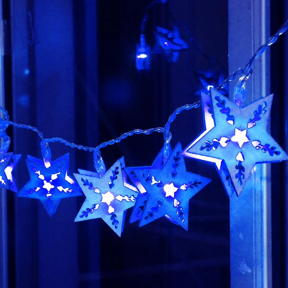 Wooden Holiday lights five-pointed star Led Light string 20-38Leds 5-10m EU Plug Garland Birthday Party christmas fairy decor DA | Лампы и