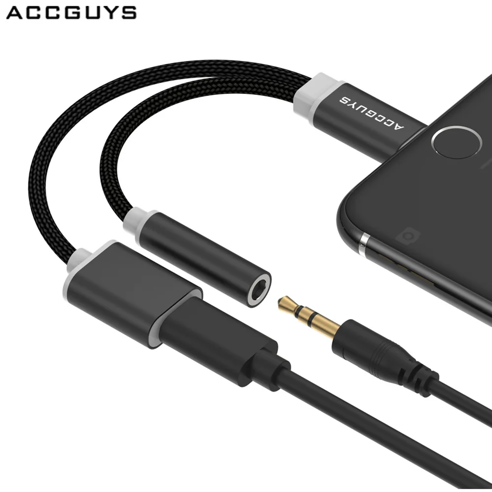 ACCGUYS Aux Audio Cable Adapter For iPhone 7 Earphone 2 in 1 3.5mm Jack Headphone USB Plus Splitters |