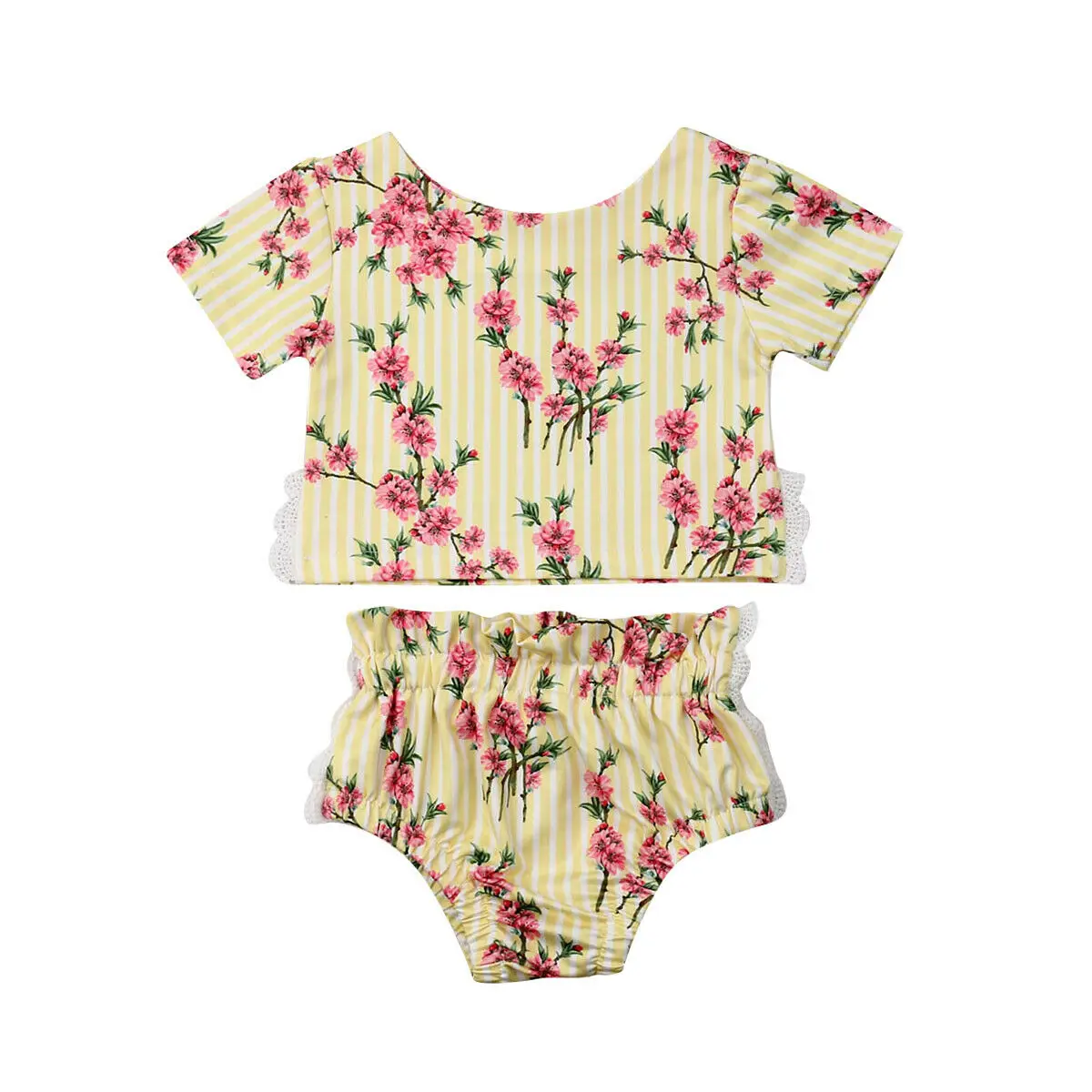New Infant Baby Girls Top+Pants Lace Vertical Stripe Flowers Outfits Summer Clothes Sets |
