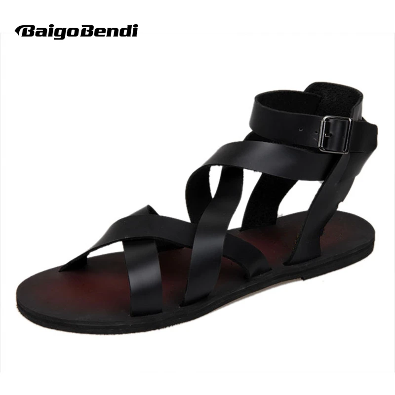 New Summer Men's Buckle Strap Beach Shoes Roman Gladiator Cross-Tied Leather Sandals Cool Boy