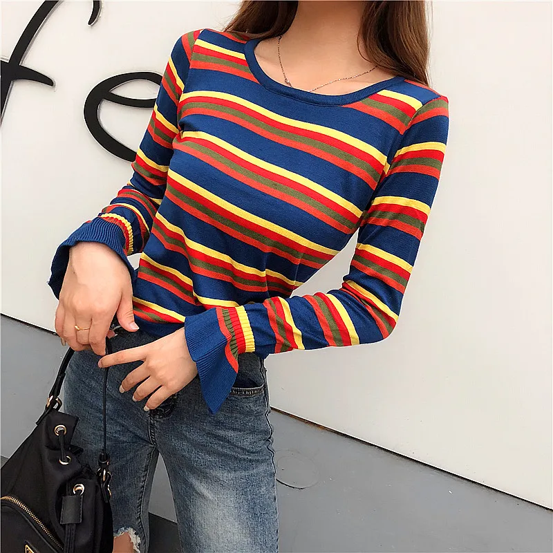 Autumn Outfit New Fashion Pullovers Contrast Color Rainbow Striped Multicolored Knit Sweater Women Flare Sleeve Pull Femme | Женская