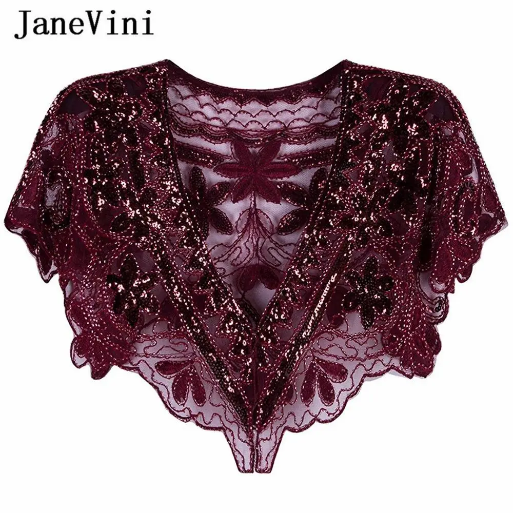 JaneVini 2019 Элегантное свадебное болеро Burugndy Дамская Вечерняя накидка Блестящий