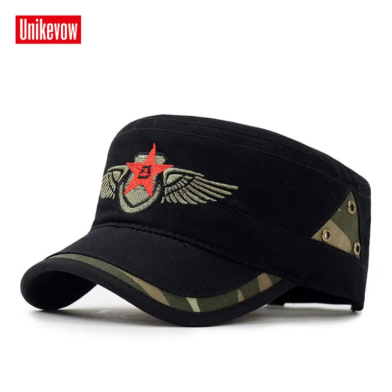 

Brand Unikevow Military hats with Star Embroidered Adjusted baseball cap Flat top Hat for men and women Militaire gorra