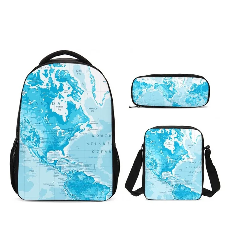 

3 шт./компл. портфель школьные ранцы для мальчиков и девочек модные карта мира 3D печать рюкзак дети пенал для ручек Mochila Escolar